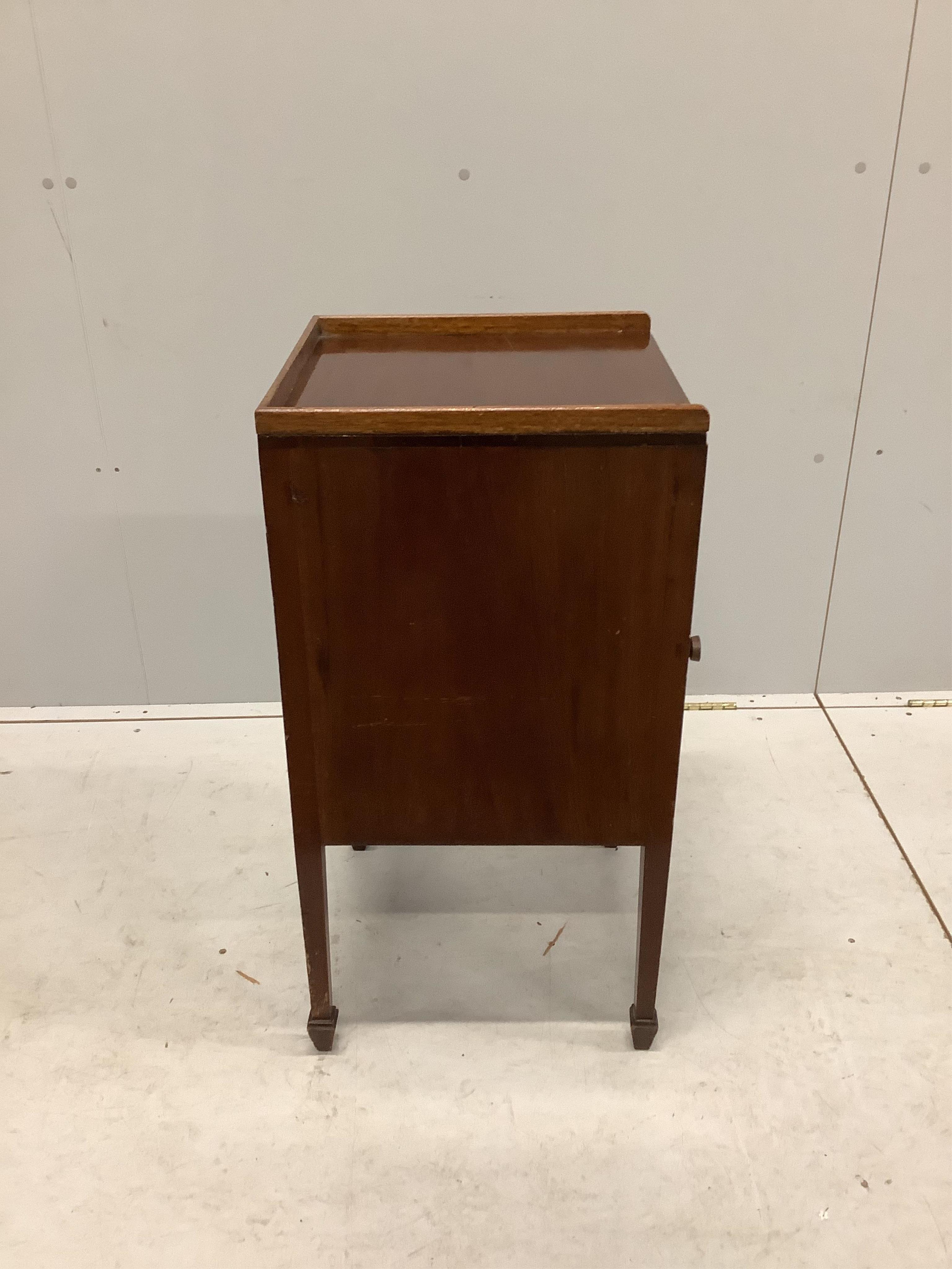 A pair of Edwardian mahogany bedside cabinets, width 41cm, depth 41cm, height 78cm. Condition - poor